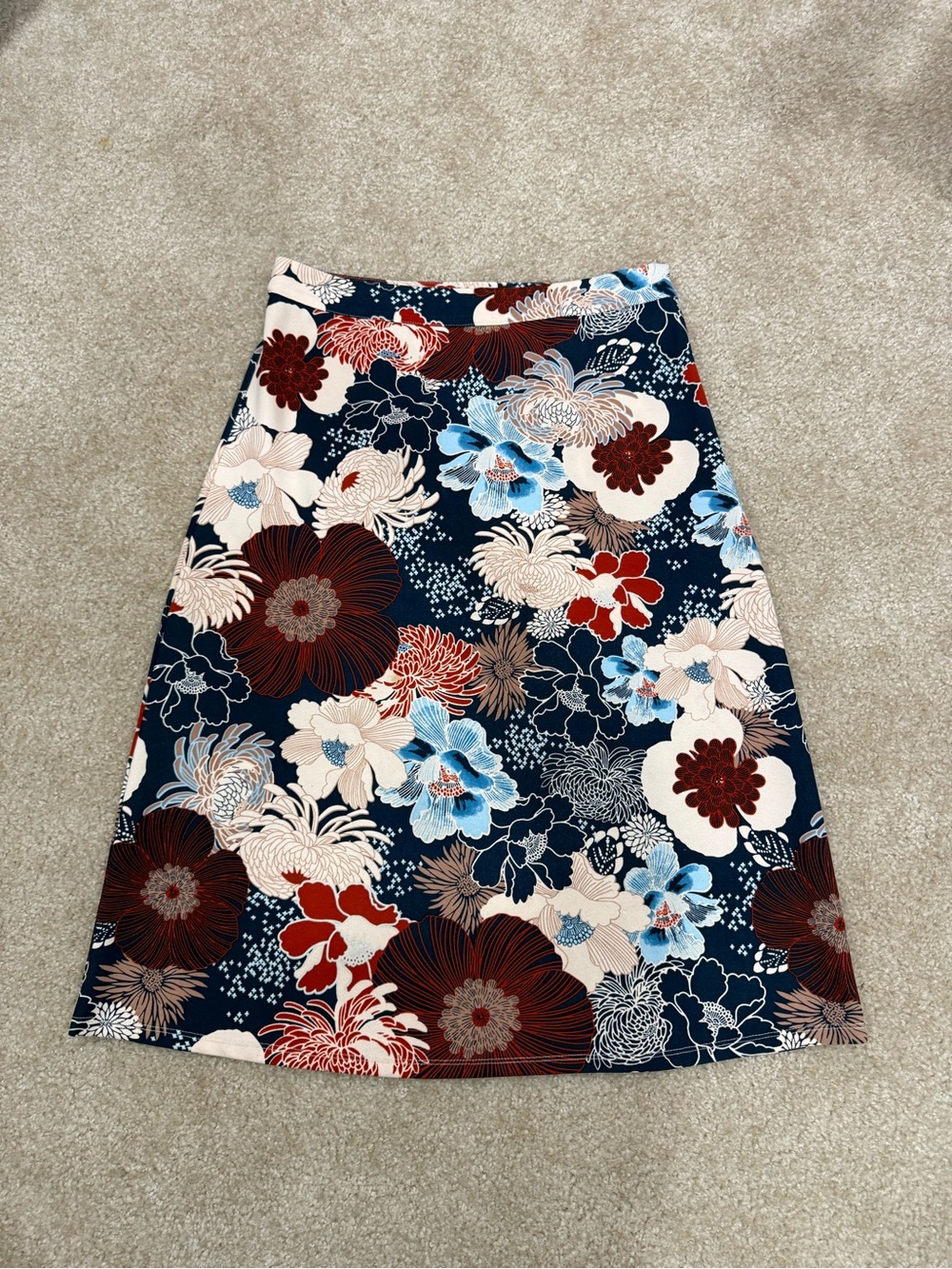 Anthropologie Navy Floral Midi Skirt with Red & Cream Accents